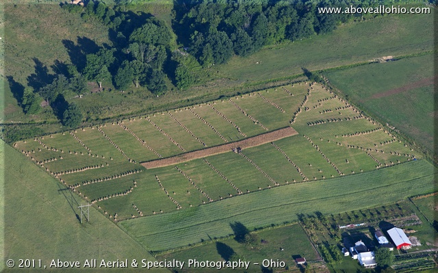 Amish farmers cut and bale straw, leaving neat geometric patterns in the field