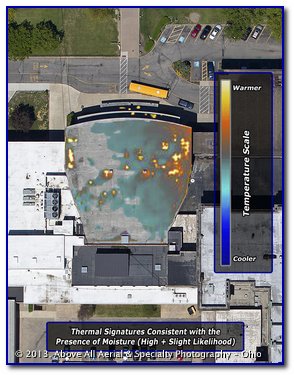 An aerial infrared roof scan reveals areas where moisture is trapped in a flat, membrane-type roof.