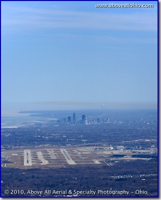 Aerial photo of downtown Cleveland, OH, Hopkins airport,and Perry Nuclear Generating Station