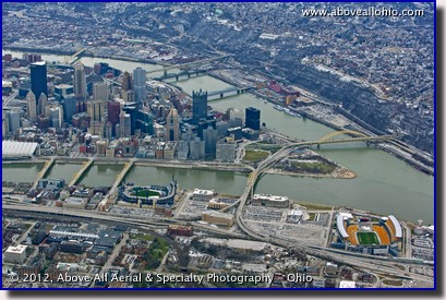 A wide angle aerial view of downtown Pittsburgh, Pennsylvania, looking south at the three-rivers area.