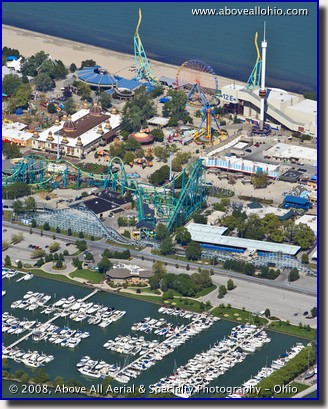 An aerial view of Cedar Point amusement park and marina, Sandusky, Ohio