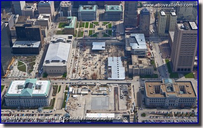 An aerial view of the new medical mart and convention center under construction in downtown Cleveland, Ohio