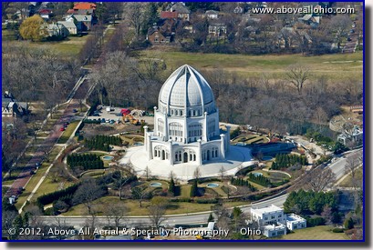 An oblique aerial photograph of the Baha'i House of worship, just north of Chicago, IL.