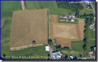 Aerial photograph of round hay bails in the fields in Ohio's Amish country