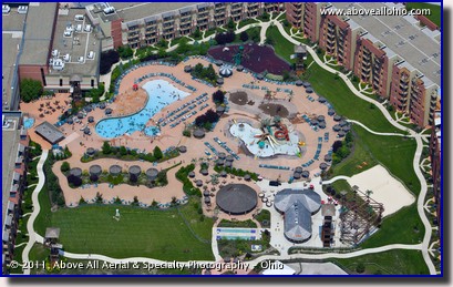An overhead aerial view of the outdoor pools at Kalahari resort, Sandusky, Ohio