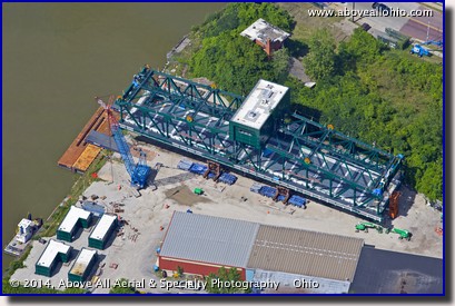 An overhead view of the main deck of a new draw bridge being installed in downtown Cleveland.