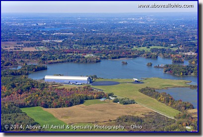An aerial view of Goodyear's blimp base in Mogadore, Ohio and their newest blimp - Wingfoot One - shortly after landing.