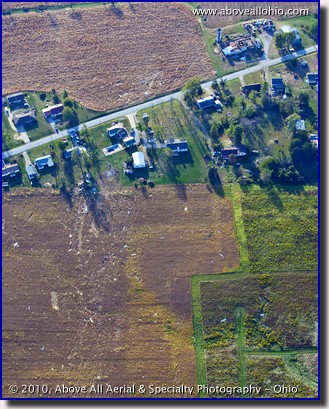 An aerial view of tornado damge near Wooster, OH.