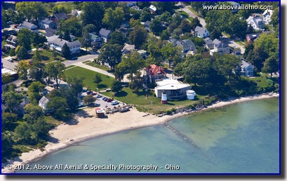An aerial view of a public beach and the Great Lakes Historical Society and and The Inland Seas Maritime Museum in Vermilion, Ohio