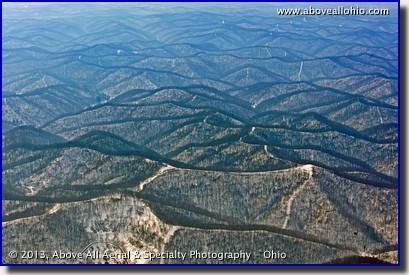A snowy winter aerial view of the the mountains in northwestern West Virginia.