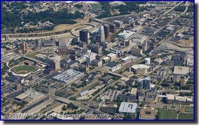 Aerial photograph of the skyline of downtown Akron, OH