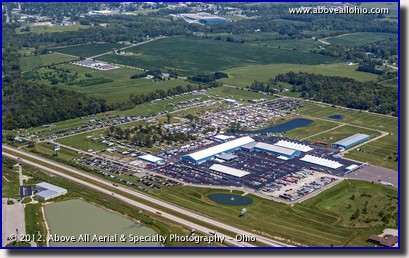 A wide angle aerial view of the Auburn Auction Park, located just off of Interstate I69 in northern Indiana.