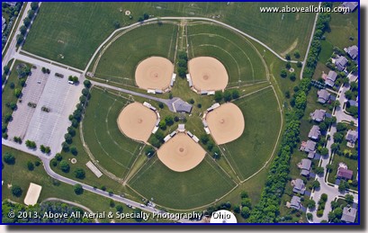 A steep oblique overhead view of five baseball fields arranged in a star pattern near Dublin, Ohio (in the Columbus area).