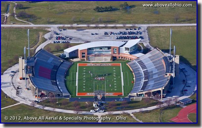 A low level aerial view of Bowling Green State University's football stadium, Bowling Green (near Toledo), OH.