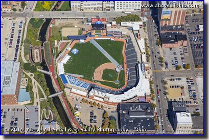 An aerial photo of Canal Park baseball stadium near downtown Akron, Ohio, being prepared as the Akron Marathon finish line.
