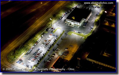 Aerial photograph of a car lot at night in Medina, Ohio