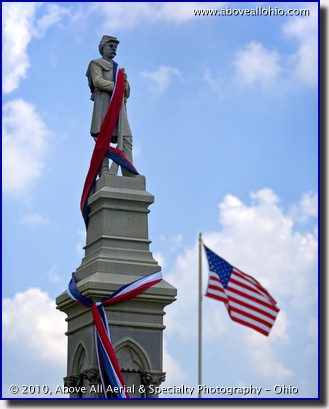 Ground based photo of a Civil War memorial monument in Spring Grove Cemetery, Medina, Ohio