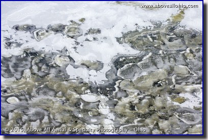 A close up view of strange ice patterns from high above a reservoir near Alliance, Ohio.