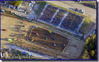Aerial photograph of a demolition derby at the Deleware County (Ohio) fairgrounds