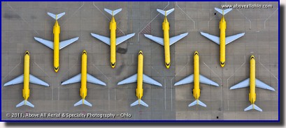 DHL cargo planes are lined up neatly on the ramp at their hub at the Wilmington, Ohio, airport