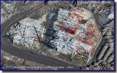 An aerial view of a radio tower awaiting erection near downtown Columbus, OH