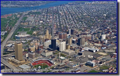 Aerial photo of downtown Buffalo, NY, with Niagara River in background