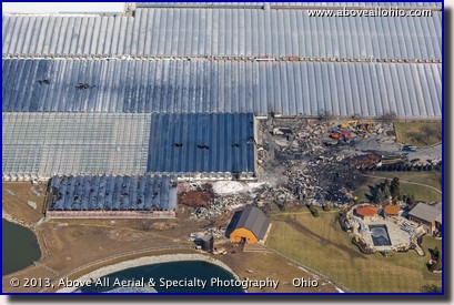 An aerial view of fire damage at a large greenhouse operation near Oberlin, Ohio.
