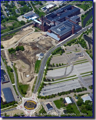 An overhead aerial view of the Goodyear Tire comapny headquarters in Akron, Ohio