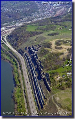 Aerial photo of a mountain cut away for a road near Wheeling, West Virginia