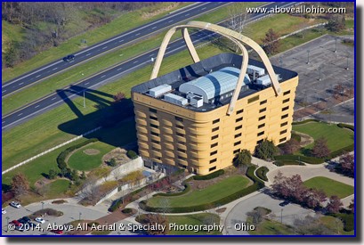 An oblique aerial photo of the Longaberger Basket Company's unusual headquarters near Newark, Ohio.