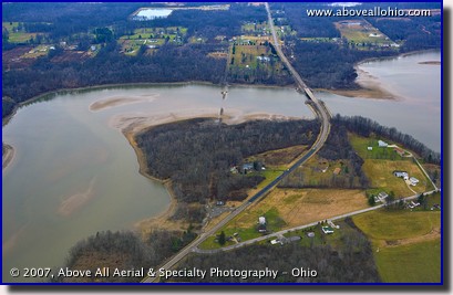 Aerial photograph of an old road exposed by low lake water levels