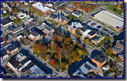 A late afternoon fall aerial view of The Square in downtown Medina, OH.