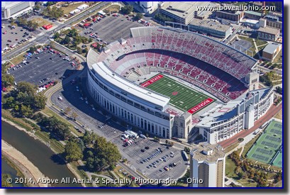 An aerial photo of Ohio Stadium in Columbus prior to a football game.