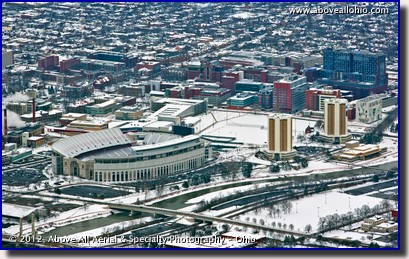 Low level oblique winter aerial view of Ohio Stadium and The Ohio State University campus, Columbus, Ohio.