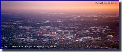 A panoramic aerial view of The Ohio State Univeristy's main campus in Columbus, Ohio, taken at sunset.