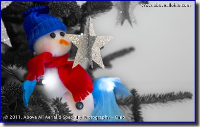 A red, white, and blue snowman ornament on a tree decorated for the Cleveland (Ohio) Botanical Garden's "WinterShow"