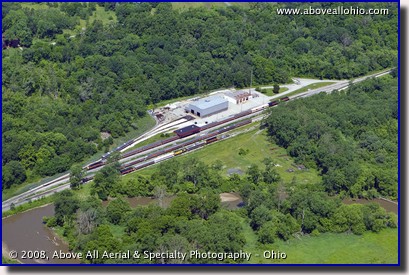 Aerial view of the Cuyahoga Valley Scenic Railroad train yard near Cleveland
