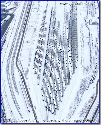 A winter view of a large trainyard just outside of Columbus, OH.