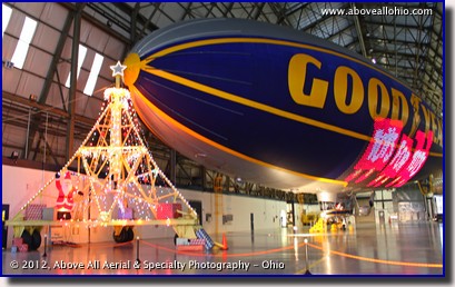 The interior of the hangar at the Goodyear blimp base near Akron, Ohio, decorated in support of a Toys for Tots charity event.