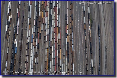 Aerial photograph of a large train yard near Pittsburgh, PA